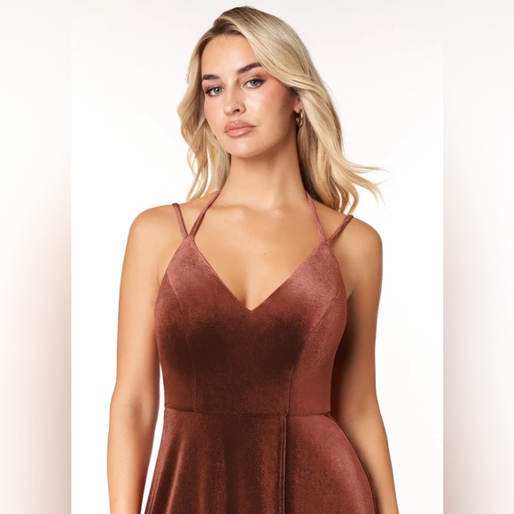 Azazie Sora Terracotta A-Line Halter Bow Velvet Bridesmaid Dress - Picture 5 of 9